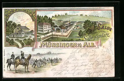Lithographie Münsingen a. d. Alb, Schiessplatz, Gebäudeansicht, Soldaten mit Pferden und Kanonen