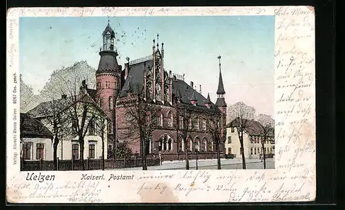 Goldfenster-AK Uelzen, Kaiserliches Postamt mit leuchtenden Fenstern