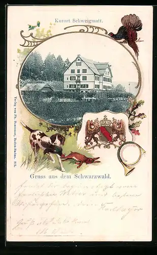 Passepartout-Lithographie Schweigmatt /Schwarzwald, Strassenpartie mit Gebäudeansicht, Jagdhund mit erlegtem Wild, Wappen