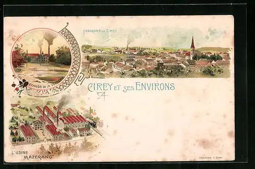 Lithographie Cirey, L`Usine Mazerand, Les Étangs de la Verrerie, Panorama