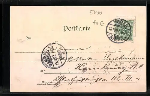 Lithographie Hagen i. W., Postamt, Gymnasium, Panorama