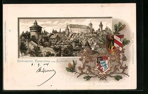 Passepartout-Lithographie Nürnberg, Panorama vom Hallerthor mit Wappen