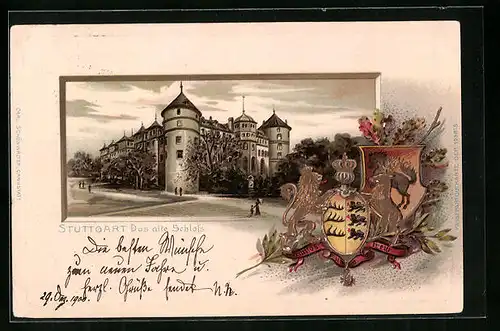 Passepartout-Lithographie Stuttgart, Das alte Schloss mit Wappen