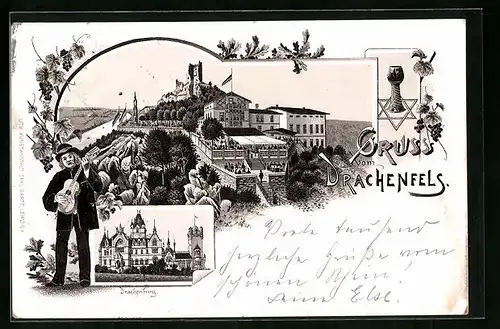 Lithographie Drachenfels, Panorama mit Drachenburg