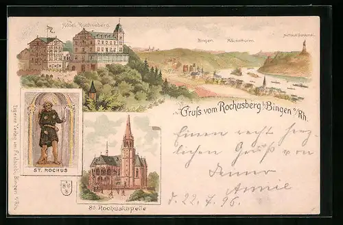 Vorläufer-Lithographie Rochusberg b. Bingen a. Rhein, 1895, Hotel Rochusberg, St. Rochuskapelle, Panorama