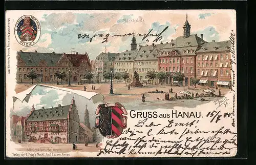 Lithographie Hanau, Marktplatz, Altes Rathaus, Stadtwappen