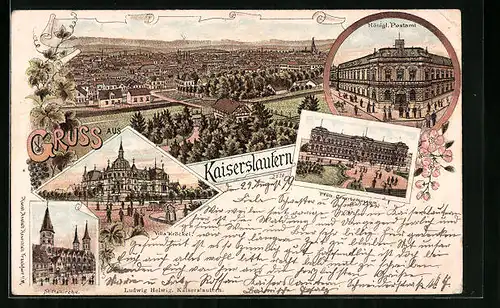 Lithographie Kaiserslautern, Stiftskirche, Postamt, Gewerbemuseum