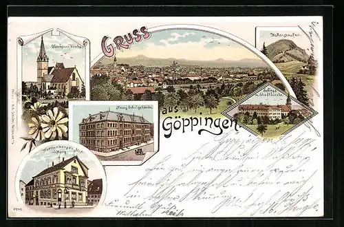 Lithographie Göppingen, Totalansicht mit Hohenstaufen, Schloss, Oberhoven Kirche