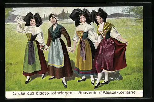Präge-AK Frauen in elsass-lothringischen Trachten