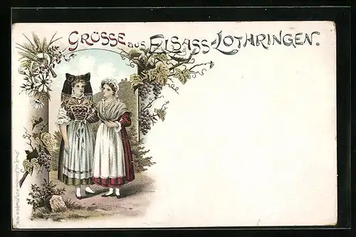 Lithographie Zwei Frauen in elsass-lothringischer Tracht