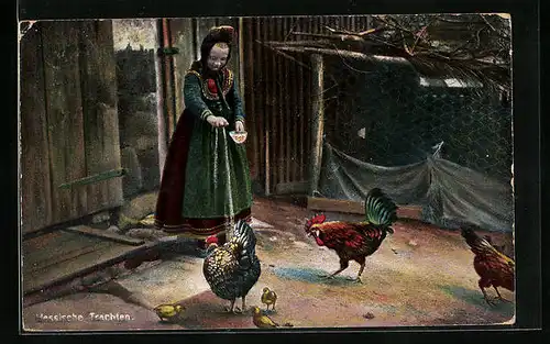 AK Mädchen in hessischer Tracht beim Hühnerfüttern