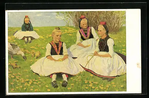 Künstler-AK Mädchen auf der Wiese sitzend in hessischen Trachten