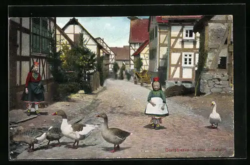 AK Dorfstrasse in der Schwalm, Mutter und Kind in hessischer Tracht
