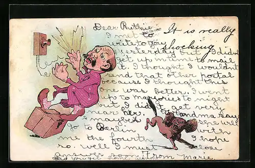 Künstler-AK Mann erschrickt vor Hund am Telefon