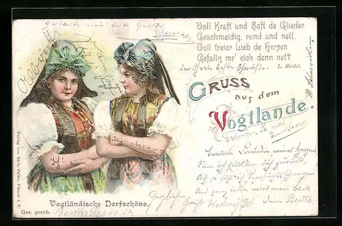 Lithographie Zwei Vogtländische Dorfschönheiten in Tracht