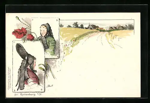 Künstler-AK Rottenburg a. N., Frauen in schwäbischer Tracht