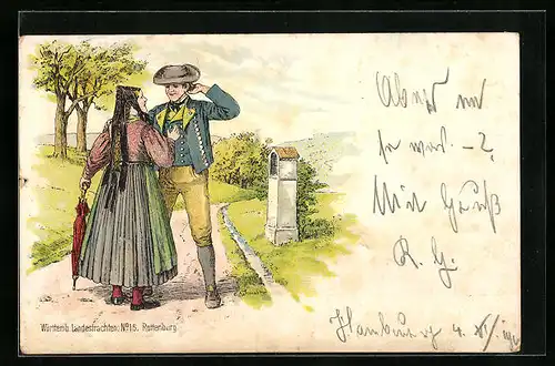 Lithographie Rottenburg, Junges Paar in schwäbischer Tracht