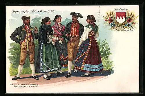 Lithographie Zwei Männer und drei Frauen in Bayerischen Volkstrachten