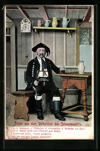 AK Mann mit Pfeife und Bierglas in der Schänke in Schwarzwälder Tracht