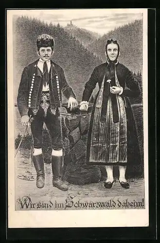 Künstler-AK Junges Paar in Schwarzwälder Tracht