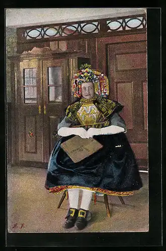 AK Schwälmer Braut im Hochzeitsstaat, hessische Tracht