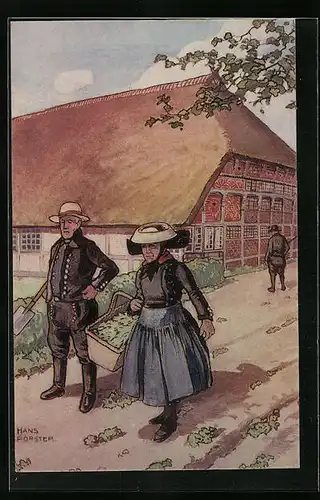 Künstler-AK Älteres Paar in Vierländischer Tracht auf dem Weg zur Arbeit