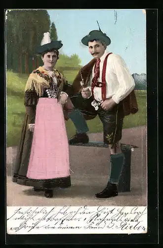 Präge-AK Junges Paar in bayerischer Tracht