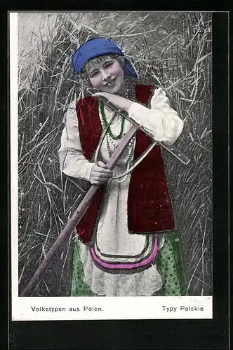 AK Volkstypen aus Polen, Junge Bäuerin mit Rechen