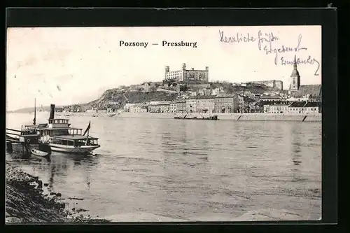 AK Pozsony-Pressburg, Blick über die Donau zur Stadt