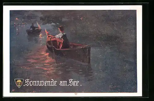 Künstler-AK Franz Jung-Ilsenheim: Deutscher Schulverein Nr. 644: Bootsfahrt einer jungen Frau bei Nacht