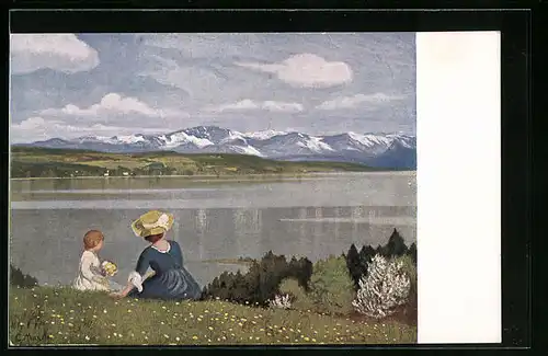 Künstler-AK Corneille Max: Mutter mit Kind auf der Wiese blickt auf den See und das Gebirge