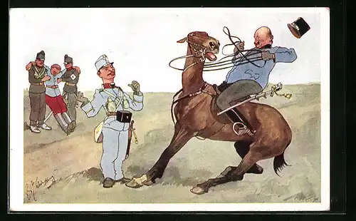Künstler-AK Fritz Schönpflug: der Soldat bringt sein Pferd zum stehen vor einem Kameraden