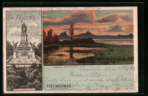 Lithographie Niederwalddenkmal, Abend am Rheinufer, feinster Tee von Messmer