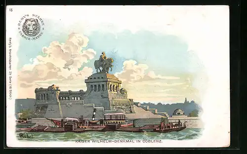 Lithographie Koblenz, Schiffe vor dem Kaiser Wilhelm-Denkmal, Medikament Remy`s Stärke