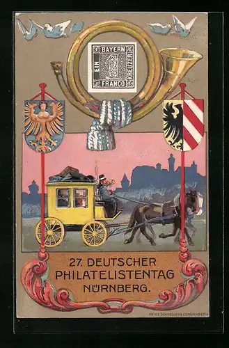 AK Ganzsache, Nürnberg, 27. Deutscher Philatelistentag, Postkutsche mit Wappen und Posthorn, Ausstellung