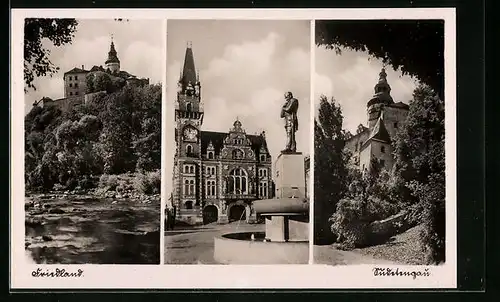 AK Friedland / Frydlant, am Brunnen vor dem Rathaus, im Flussbett unter dem Schloss