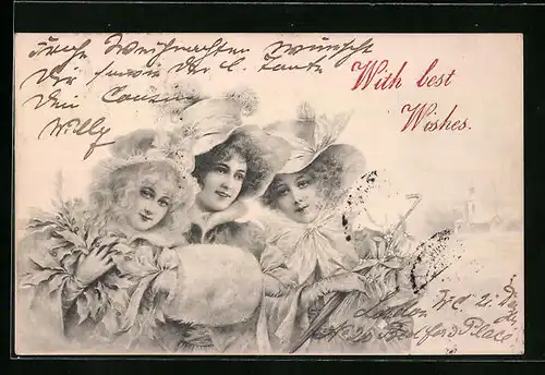 Künstler-AK M. Munk: Drei junge Damen in Winterkleidung mit den besten Grüssen
