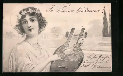 Künstler-AK M. Munk Nr. 109: Eine junge Frau mit ihrem Instrument im Park