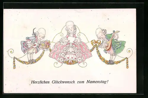 Künstler-AK M. Munk Nr. 1146: Glückwünsche zum Namenstag, zwei Männer und eine Frau beim Musizieren mit Blumen
