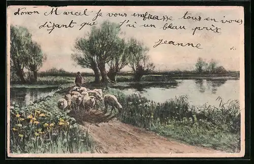 Künstler-AK M. Munk Nr. 134: Schäfer mit seiner Herde auf dem Weg am Ufer