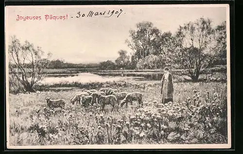 Künstler-AK M. Munk Nr. 134: Schafhirtin mit ihrer kleinen Herde auf einer Wiese am Flussufer