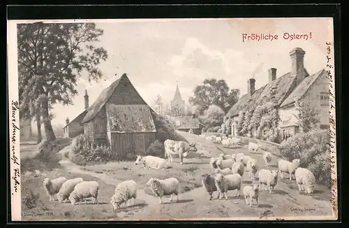 Künstler-AK M. Munk Nr. 134: Schafe auf dem Platz im Dorf unter der Kirche, Ostergrüsse