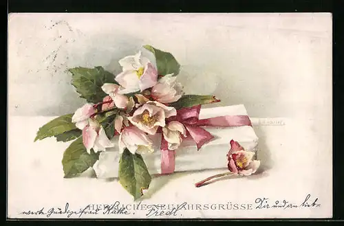 Künstler-AK M. Munk Nr. 1221: Ein Geschenk mit rotem Schleifenband und einem Strauss Blumen