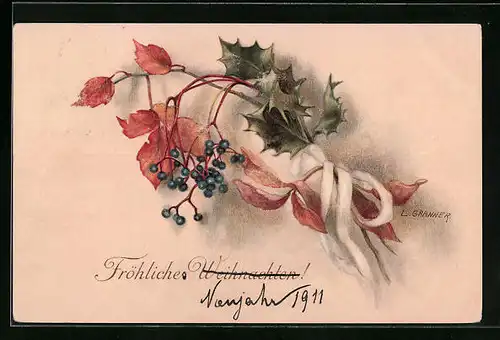 Künstler-AK M. Munk Nr. 542: Herbstliches Gebinde mit Laub, Beeren und einem weissen Band