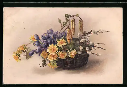 Künstler-AK M. Munk Nr. 518: Ein Flechtkorb voller Frühlingsblüher mit Weidenkätzchen