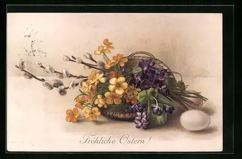 Künstler-AK M. Munk Nr. 516: Blumenkorb mit Weidenkätzchen und einem Ei davor, Ostergrüsse