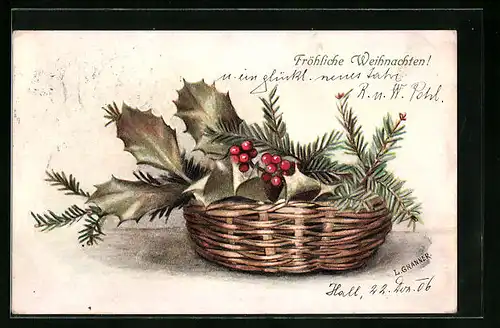 Künstler-AK M. Munk Nr. 289: Flechtkorb mit Nadel- und Ilexzweigen, Weihnachtsgrüsse