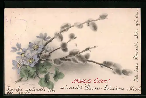 Künstler-AK M. Munk Nr. 260: Weidenkätzchen mit blauen Blüten, Ostergrüsse