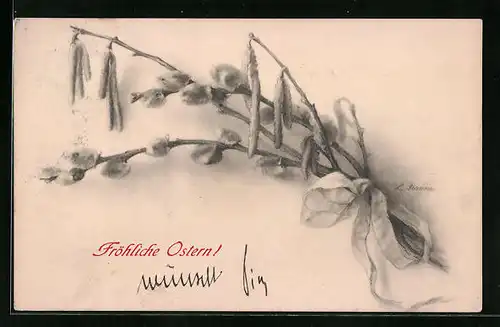 Künstler-AK M. Munk Nr. 260: Weidenkätzchen mit einer Schleife geschmückt, Ostergrüsse