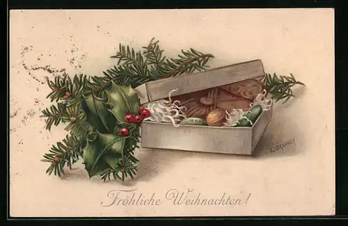Künstler-AK M. Munk Nr. 690: Geschenkebox voller Präsente mit Nadelzweig und Stechpalme, Weihnachtsgrüsse
